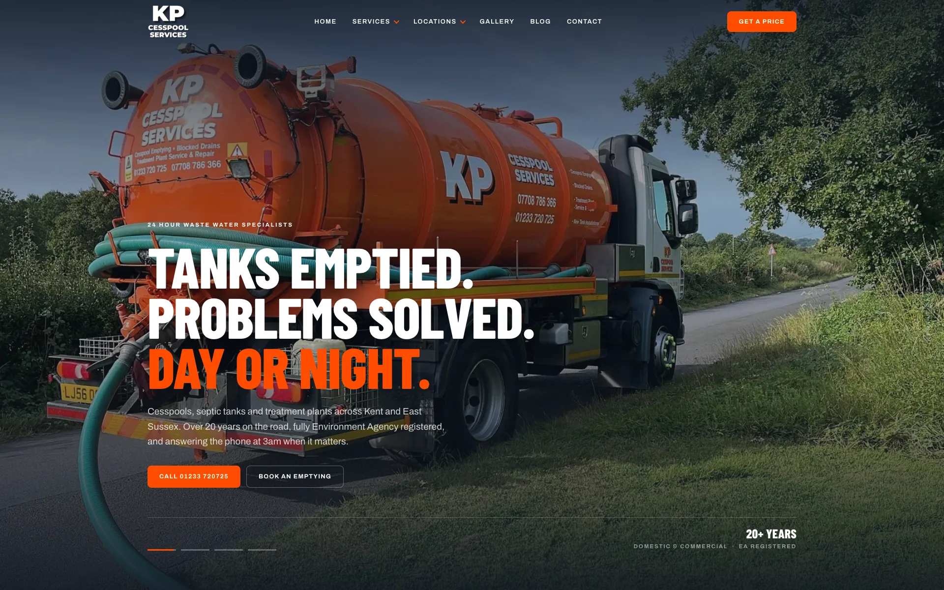 The KP Cesspool Services website, a 24-hour waste-water specialist covering Kent and East Sussex